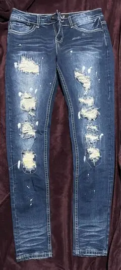 CavariAダメージ加工ストレッチスキニーデニムダークブルー