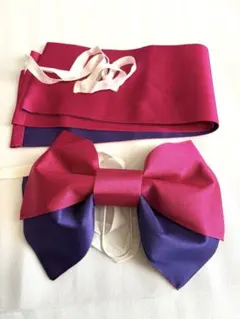 【美品】浴衣用作り帯リボン帯赤✕ 紫簡単装着レディース 夏祭り花火