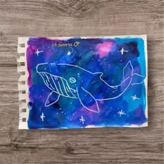 夜空を泳ぐクジラのドローイング　原画　手描きイラスト　アクリル画　アート 絵画