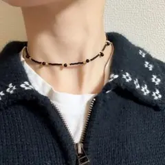 ハンドメイド ビーズネックレス ブラック ゴールド チョーカー