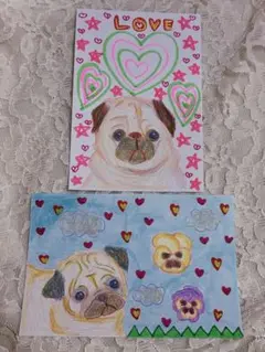 パグとパンジー イラスト 2枚 犬 ハンドメイド 手描き