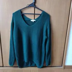 ショップTK 　ダークグリーン Vネックニットセーター 　Lサイズ　秋冬