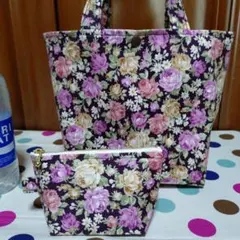 1278ハンドメイドお花薔薇ランチバッグトートバッグポーチ小物入れセット