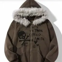 SHEIN シーイン　グランジ　ブラウン フード付きファーパーカー