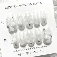 現品୨୧韓国うるつやネイルチップ　パール乳白色ホワイト　薔薇　レース　バレリーナ