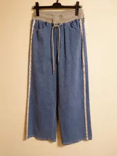 ワイドデニムパンツ ライトブルーウエストゴム