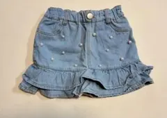 ★デニム サックス フリルスカート パール付き petit main★