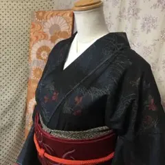 黒×藍 霞に草 蝶模様織り出し 大島紬 名古屋帯 セット