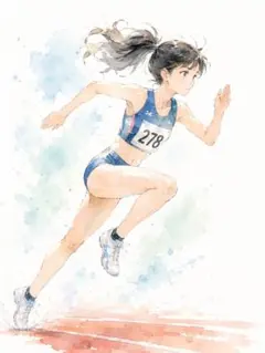 c1326_水彩画風 陸上アスリート 走る少女 トラック 躍動感 水彩アートフレ