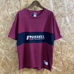 ラッセルアスレチック　Ｔシャツ　デカロゴ　切替え　あずき色　M　古着　送料無料
