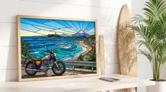 ９７・A4ポスター【バイクと海・富士山】 北欧 西海岸インテリア カフェ 絵画