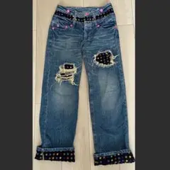 平成レトロ デニムダメージパンツ ズボン 星柄