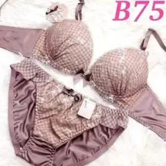 B75♥️ブラショーツセット♥️千鳥格子 フリル モカ キュート 可愛い254004
