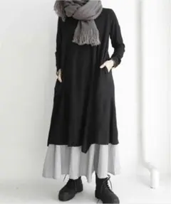 antiqua アンティカ　レイヤード風ロングワンピース　ブラック