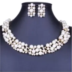 パール チョーカー ネックレス ピアス アクセサリーセット ゴールド
