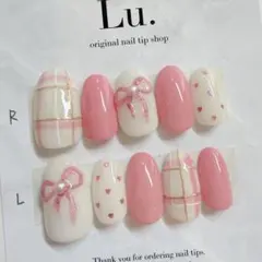 リボンネイル　ピンク　ハートホロ　チェック　春　サイズオーダー　ガーリー