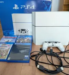 PS4 本体ホワイト、 コントローラー1個、ケーブル3種、 ゲーム4本、 箱付き