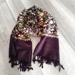 花柄総刺繍　大判ストール　ショール　ダークブラウン