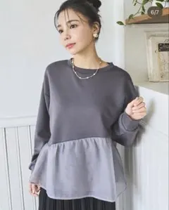 新品*タグ付き♪mil 低身長*オーガンジーペプラム切替レイヤードトップス*S