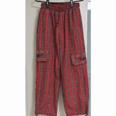 チェック柄 カジュアルパンツ 赤黒