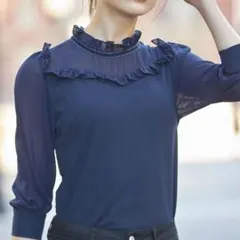 Tocoo closet フリル付きシフォン切り替えカットソーブラウス　ネイビー