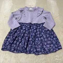 長袖　紫色フリル付き花柄ワンピース　90