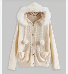 ポンポン付き フードニットカーディガン アイボリー