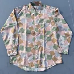 90s 希少 Stylish 総柄 ポリシャツ 幾何学模様 アート柄 Mサイズ