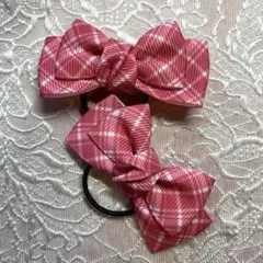 チェック柄ピンクリボンヘアゴム2個セット