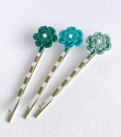 ヘアピン　お花　グリーン　緑　深緑　黄緑　３本セット　ハンドメイド