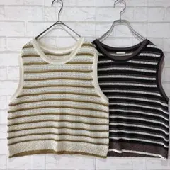 【美品】GU 透かし編みボーダーセーター（L）白 ネイビー ノースリーブ セット