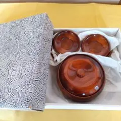 円形で光沢のある蓋付き菓子入れ & 茶托セット