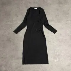 リブニットワンピース リボン ロング丈 細見え 大人カジュアル モード