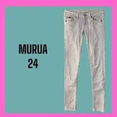 [MURUA] ローライズ　ストレッチ　スキニーデニムパンツ　刺繍ロゴ　脚長効果