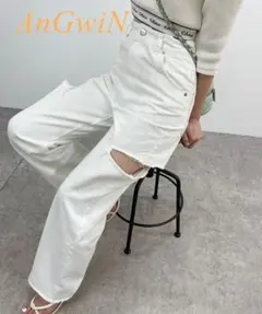 ダメージワイドデニムパンツ