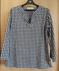 美品 CROCODILE 綿麻 ブラウス 日本製 ネイビー&白 八分袖 Mのサムネイル
