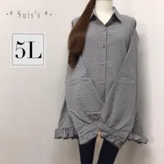 t612☆5L☆袖・裾フリル シャツブラウス＊長袖＊チェック