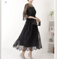 LACE LADIES 七分袖レースワンピースドレス 黒Lサイズ　オケージョン