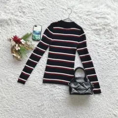 イング ニット セーター 長袖 モックネック リブ ボーダー M カジュアル