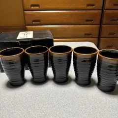 【新品】黒い波模様の湯飲み5個セット