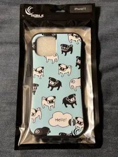 iPhone15 ケース　パグ犬柄　水色