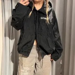 AVIREX薄手フードジャケット刺繍入り黒y2kグランジダークコアストリート