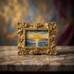黎明のポリフォニー】朝日の海 油絵 A4額縁付 / 夏の夕日 朝焼け