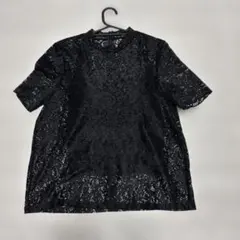 【2点セット】黒 花柄レース 半袖トップス・インナー　XL