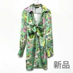 新品★ZARA花柄リボン付きシャツワンピース グリーンレトロ柄Sサイズ