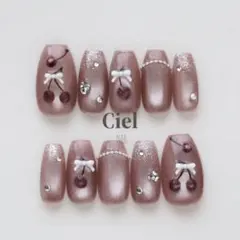 【サイズオーダー】ネイルチップ さくらんぼネイル ピンク マグネット リボン