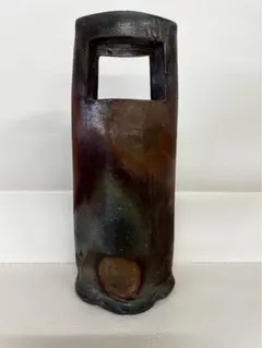 美品】備前焼金重陶弘作手桶形花入金重利陶 苑花道具 華道具 茶道具 