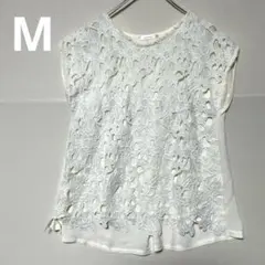 フレンチレーストップス ノースリーブ ホワイト 花柄 上品　ゆったり