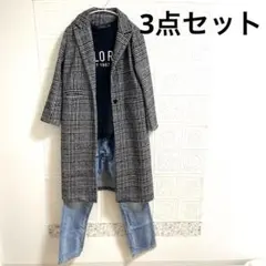 チェック柄ロングコートL×ポロトレーナー(メンズM)×ユニクロデニム3点セット