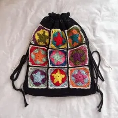 【ハンドメイド・完成品】ナップサック　リバーシブル　星　メッシュ　リュック　黒